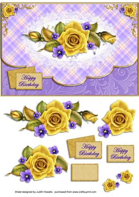 Yellow Roses on Lilac Plaid Envelope Style Card Front