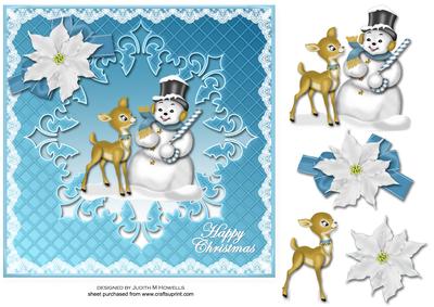Snowman and Deer Blue Snowflake Panel Card Front