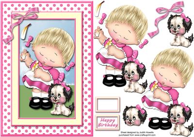 Cute Girl and Puppy in Pink Card Front