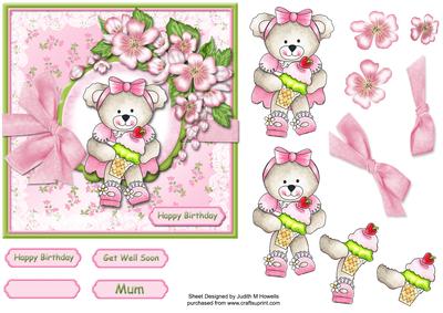 Cute Bear with Ice Cream and Flowers Card Front