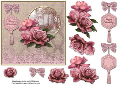 Blush Roses with Damask and Lace Border Card Front