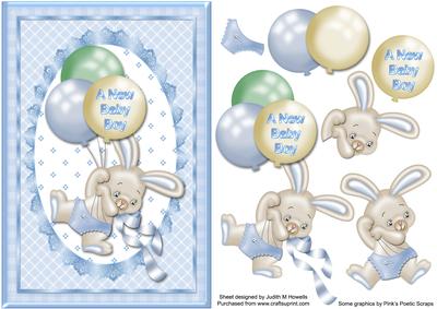 Baby Boy Bunny with Balloons Card Front