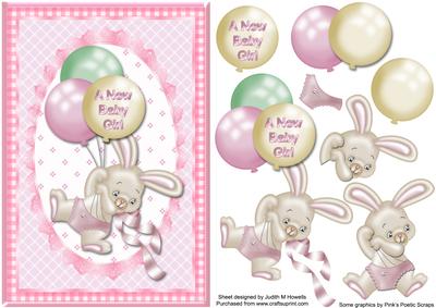 Baby Girl Bunny with Balloons Card Front