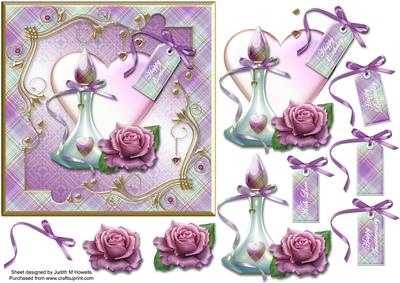 Perfume Rose and Heart in Lilac Plaid Frame Card Front