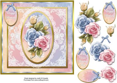 Roses and Lace in Pink Blue and Lemon Card Front