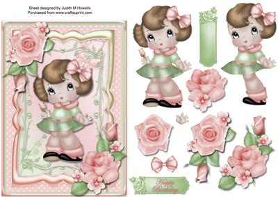 Cute Girl with Pink Roses 7x5 Card Front