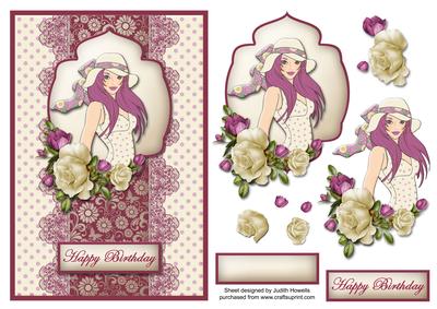 Maroon Fashion Girl with Roses Card Front