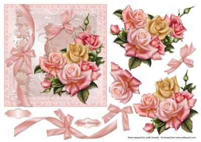 Rose Bouquet and Bows Pink Card Front