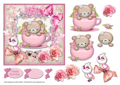 Teacup Bear Flowers and Bows Card Front