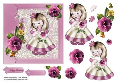 Cute Girl with Camellias Side Border Card Front