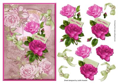 Vintage Roses Pink and Green Card Front