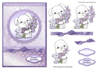 Cute Dog and Cat with Flowers Card Front