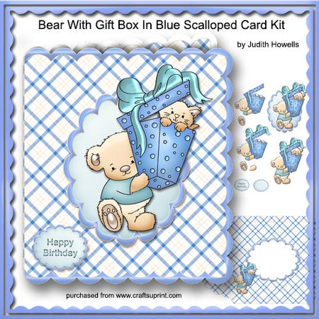 Bear with Gift Box in Blue Scalloped Card Kit