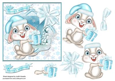 Christmas Bunny in Blue Square Card Front