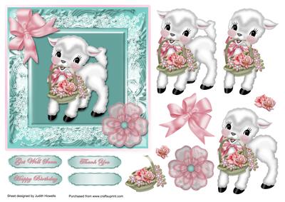 Lamb with Basket of Flowers Card Front