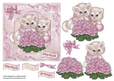 Kittens with Pink Rose Bouquet Card Front