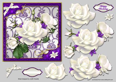 White Rose Spray in Violet Frame Card Front