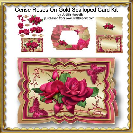 Cerise Roses on Gold Scalloped Card Kit