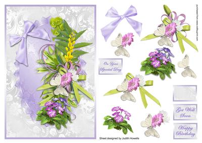 Spring Flower Spray on Lilac and Silver Card Front