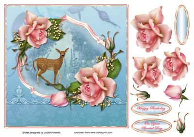 Deer and Pink Roses on Blue Card Front