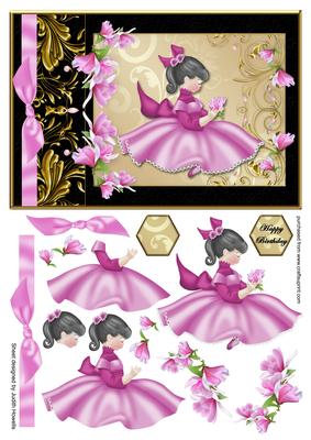 Girl Sitting with Flowers Black and Pink Card Front
