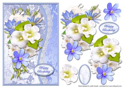 White and Blue Floral Waved Border Card Front
