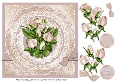 Cream Rosebuds on Scalloped Panel Large Card Front