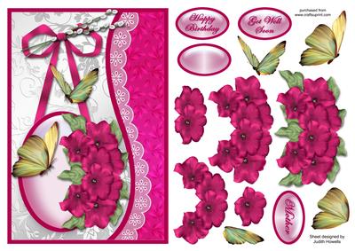 Cerise Flowers and Butterflies Waved Border Card Front