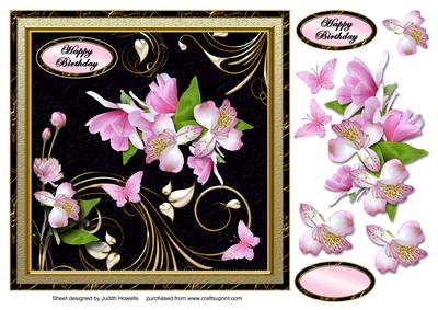 Pink Flowers on Black and Gold Large Card Front