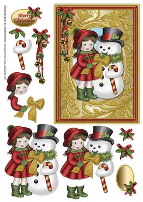 Girl with Snowman Gold 7 x 5 Card Front