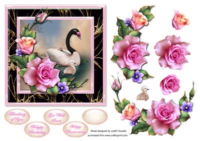Swan with Cygnets and Roses Card Front