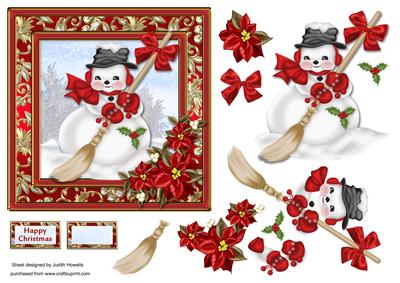 Sweeping Snowman and Poinsettia Red Card Front