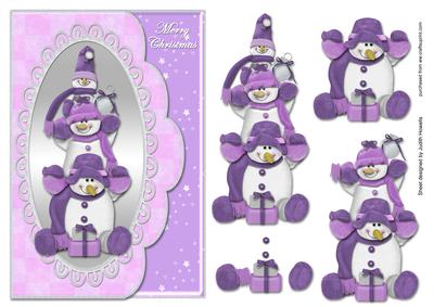 Three Happy Snowmen Lilac Envelope Style Card Front