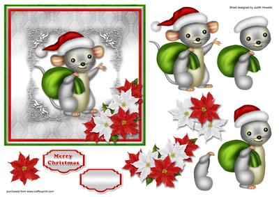 Christmas Mouse and Poinsettia Silver Card Front