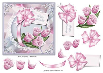 Pink Flowers and Bow Card Front