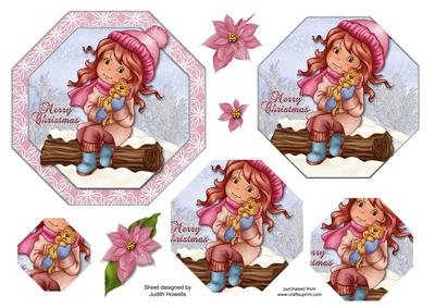 Girl and Kitten Christmas Octagonal Pyramid Topper