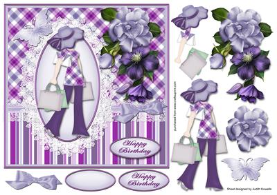 Purple Shopping with Flowers Large Square Card Front