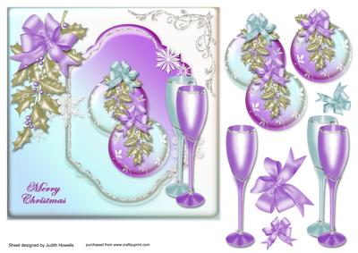 Christmas Baubles Glasses and Holly Card Front