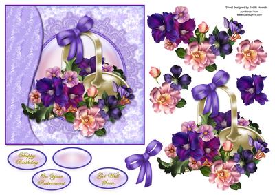Basket of Flowers Lilac Waved Border Card Front