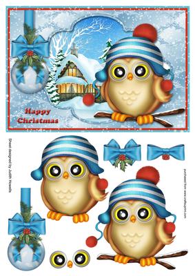 Christmas Owl and Bauble Blue Card Front