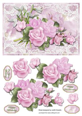 Pink Rose Bouquet in Lace Frame Card Front