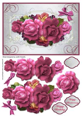 Cerise Rose Spray Large Card Front