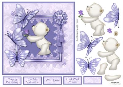 Bear with Rose and Butterflies Lilac Card Front
