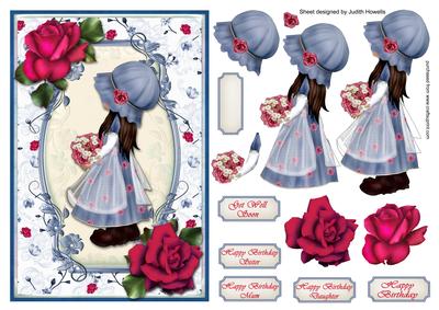 Girl with Flowers in Blue Card Front