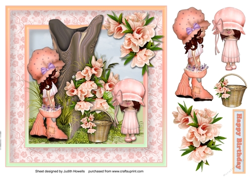 Pink Girls With Flowers Large Card Front