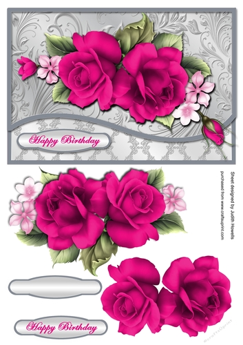 Red Roses On Silver Waved Border Card Front