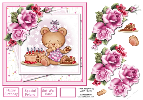 Pink Bear With Cake Layered Panels Card Front