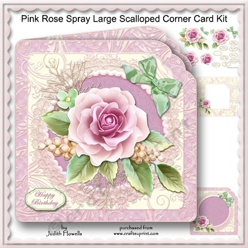 Pink Rose Spray Large Scalloped Corner Card Kit