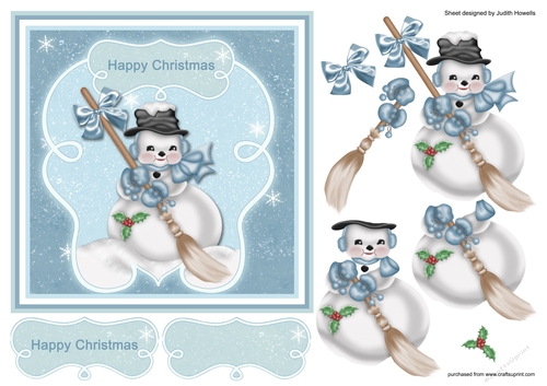 Sweeping Snowman Blue Christmas Card Front