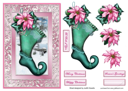 Christmas Stocking And Poinsettia Card Front